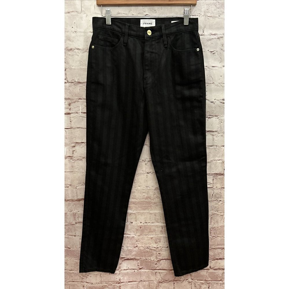FRAME Le Sylvie Slender Straight Jean Black Tonal Stripe Stretch Denim Size 27